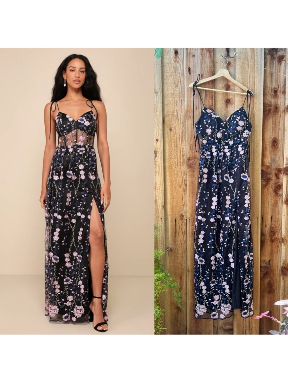 Black Pink and Blue Embroidered Lace Bustier Tie-Strap Maxi Dress 🌿🪷